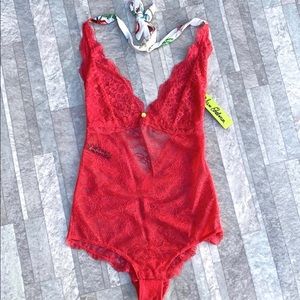 NWT Sam Edelman Lace Halter Bodysuit in Geranium